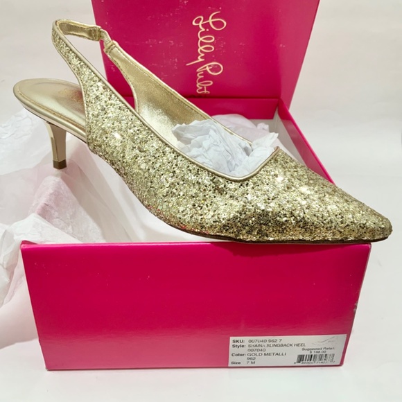 Lilly Pulitzer Shaina Slingback Gold Glitter Pump Pointed Toe Kitten Heel Shoe 7 - Picture 5 of 11